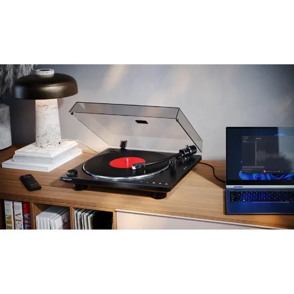 Sharp RPTT100CPSS30 Pair of Wireless Bookshelf Speakers with Automatic Bluetooth Turntable - Black_record on player