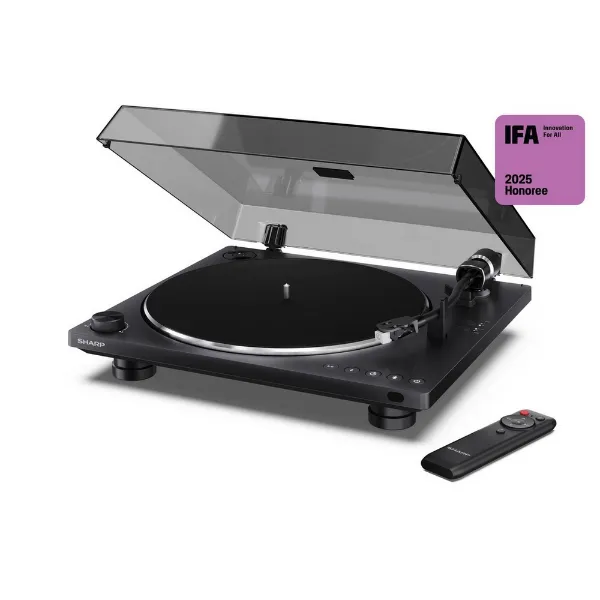 Sharp RPTT100CPSS30 Pair of Wireless Bookshelf Speakers with Automatic Bluetooth Turntable - Black_product