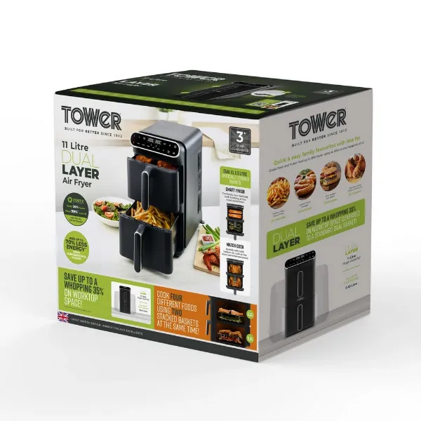 Tower T17190 Vortx 11L Dual Layer Air Fryer - Black with Chrome Trim_box