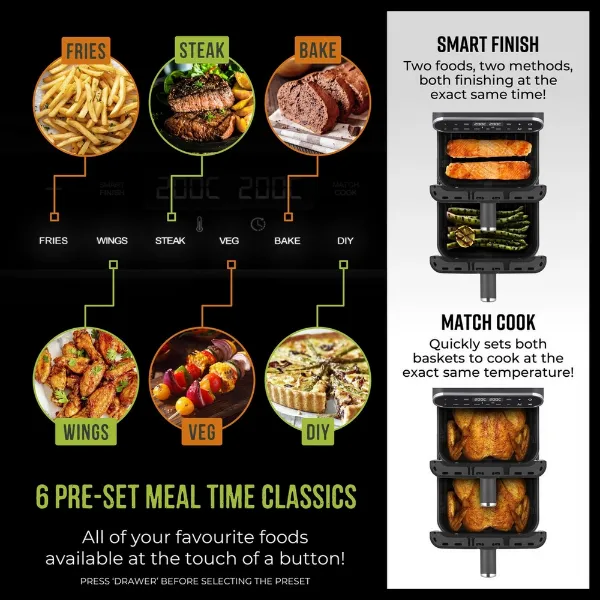 Tower T17190 Vortx 11L Dual Layer Air Fryer - Black with Chrome Trim_pre set meals