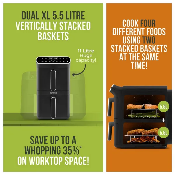 Tower T17190 Vortx 11L Dual Layer Air Fryer - Black with Chrome Trim_stacked baskets