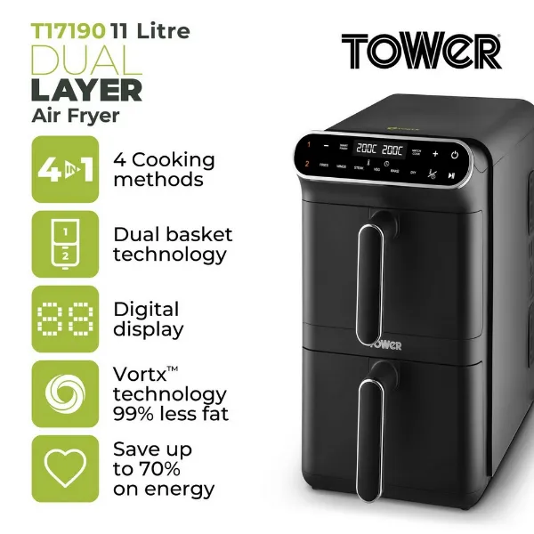 Tower T17190 Vortx 11L Dual Layer Air Fryer - Black with Chrome Trim_features