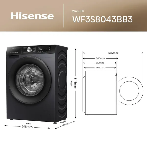Hisense WF3S8043BB3 8kg 1400 Spin Washing Machine - Black