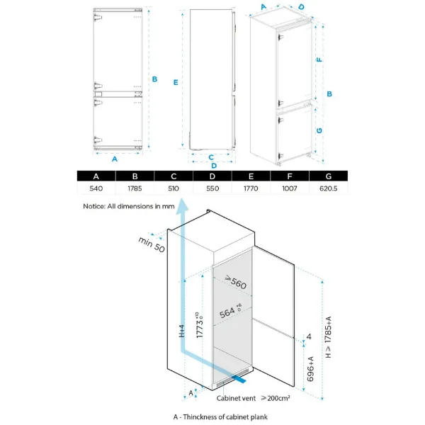 Midea MDRE379FGE01D 54cm 70/30 Built In Fridge Freezer - White