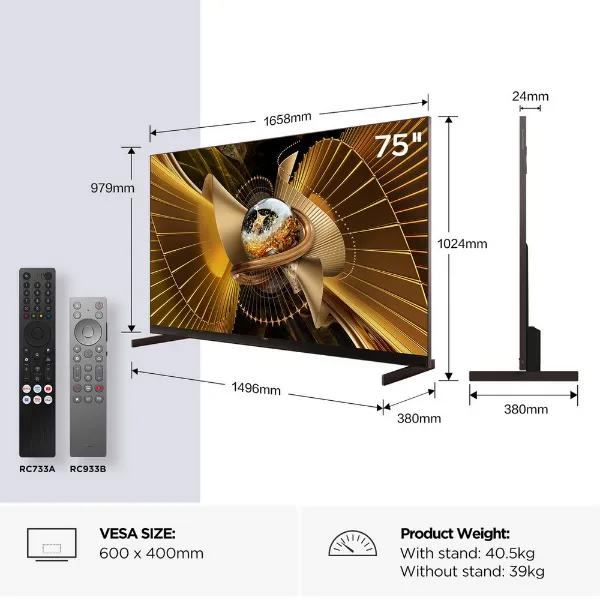 TCL 75X11L-UK 75" 4K Ultra HD SQD MINI LED Google TV_dimensions