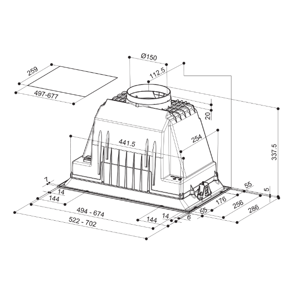 Faber Inca Plus HC 70cm Black Integrated Canopy Cooker Hood_dimensions