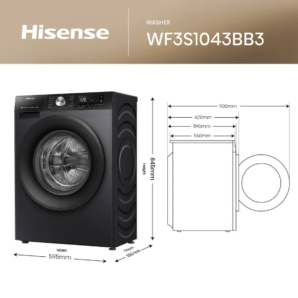 Hisense WF3S1043BB3 10.5kg 1400 Spin Steam Washing Machine - Black