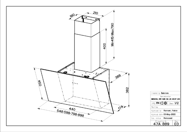 Faber Tweet EG8 LED A55 55cm Black Glass Wall Mounted Cooker Hood_dimensions