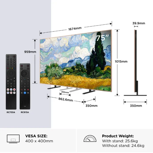 TCL 75A400 PRO-UK 75" 4K Ultra HD QD-MINI LED AI Art TV_dimensions
