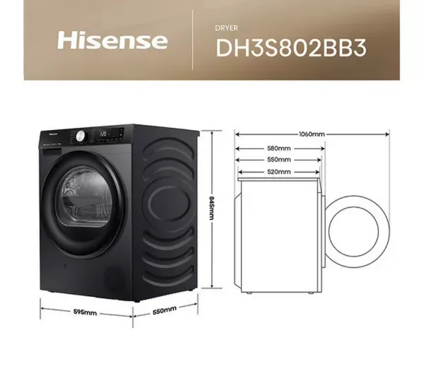 Hisense 3S Series DH3S802BB3 WiFi-enabled 8kg Heat Pump Tumble Dryer - Black